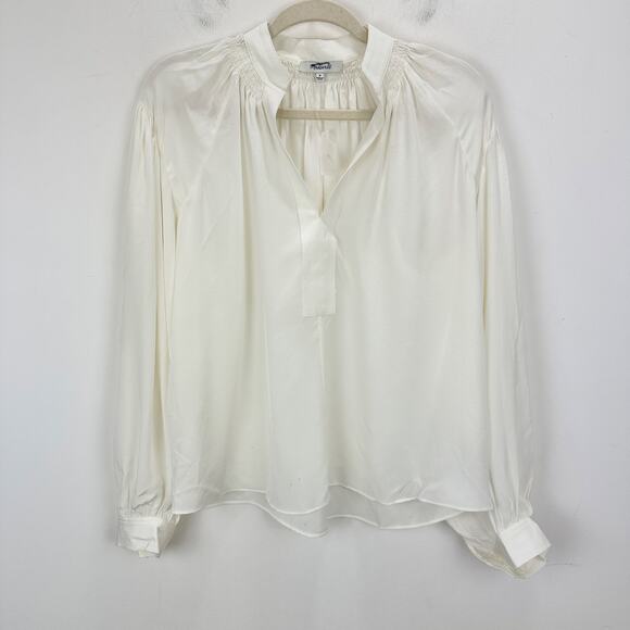 Madewell Shirred Long Sleeve Top Blouse Silk Lightweight Winter White Medium NWT - Picture 6 of 16